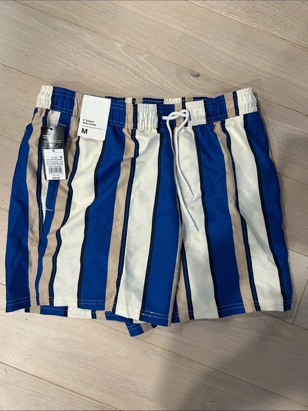 Striped Swim Trunks in Blue, White & Tan 5inch